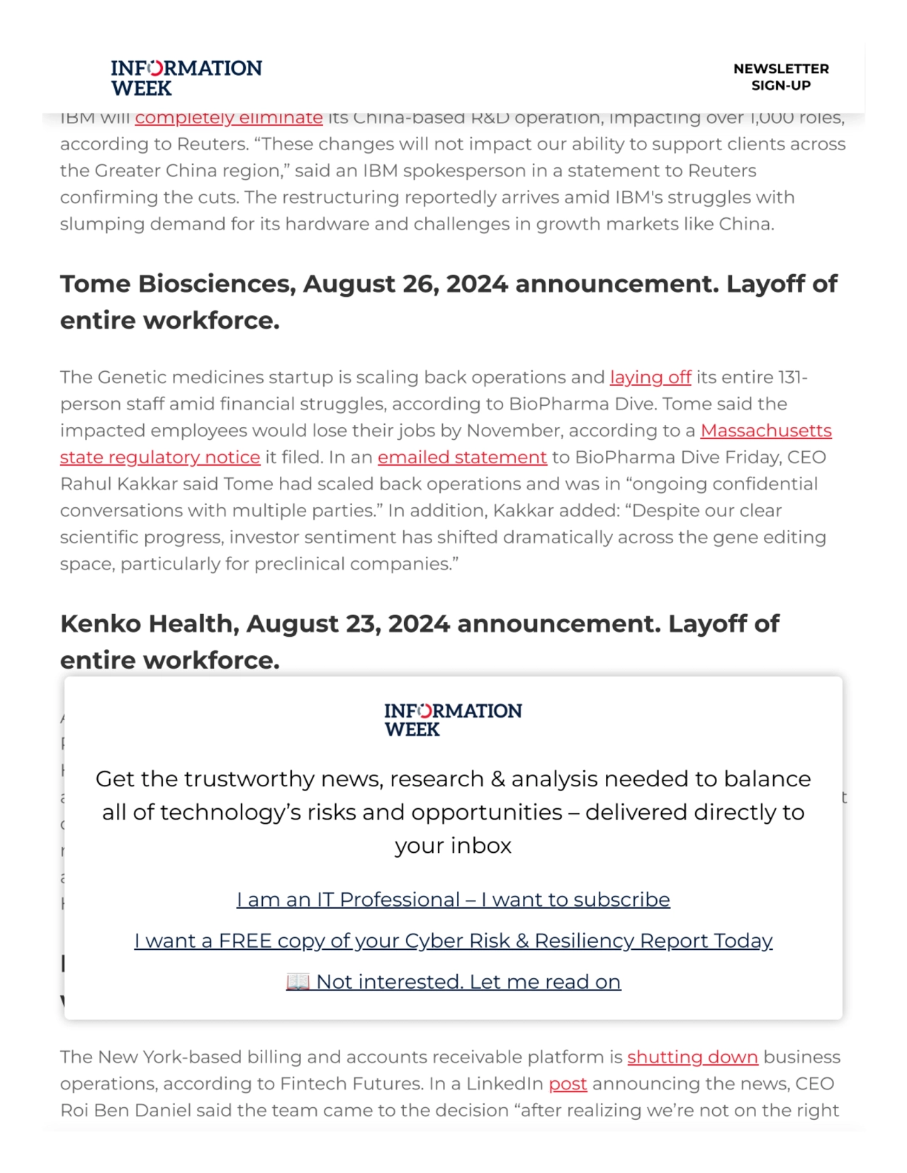 IBM, August 26, 2024 announcement. Layoff of 1,000 people.
IBM will completely eliminate its China…