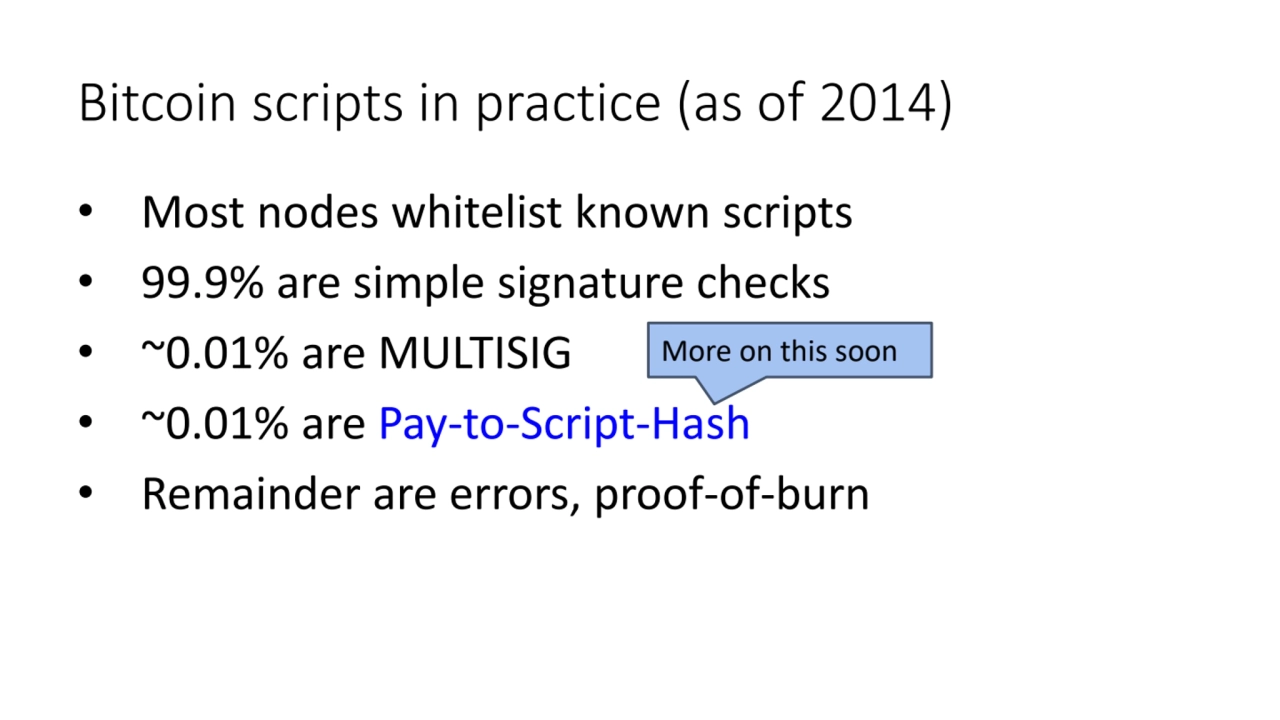 Bitcoin scripts in practice (as of 2014)
• Most nodes whitelist known scripts
• 99.9% are simple …