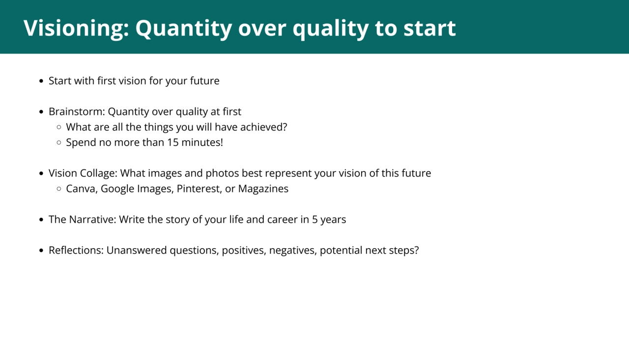 1
Visioning: Quantity over quality to start
Start with first vision for your future
Brainstorm: …