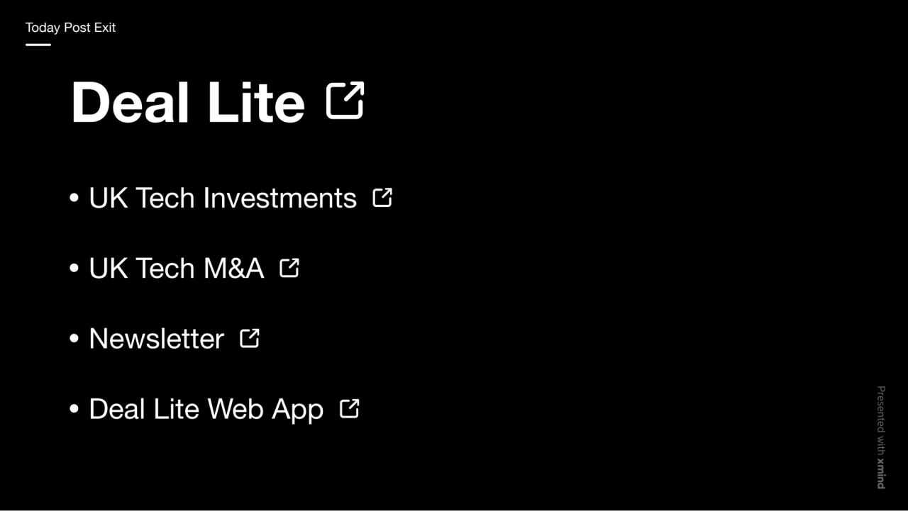 Deal Lite
UK Tech Investments
UK Tech M&A
Newsletter
Deal Lite Web App
Today Post Exit