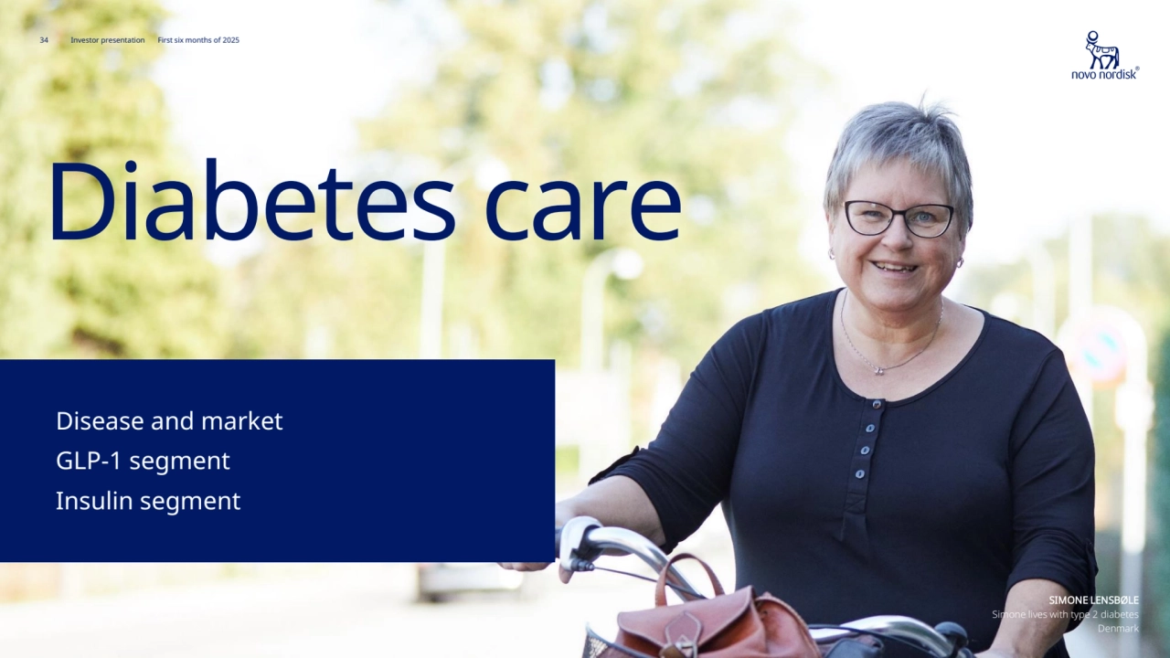 34 Investor presentation First six months of 2025
SIMONE LENSBØLE
Simone lives with type 2 diabetes
Denmark
Diabetes care
Insulin segment
Insulin segment
GLP-1 segment
Disease and market