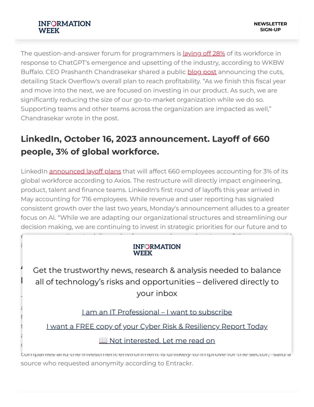 Stack Overflow, October 16, 2023 announcement. Layoff of
28% of workforce.
The question-and-answe…