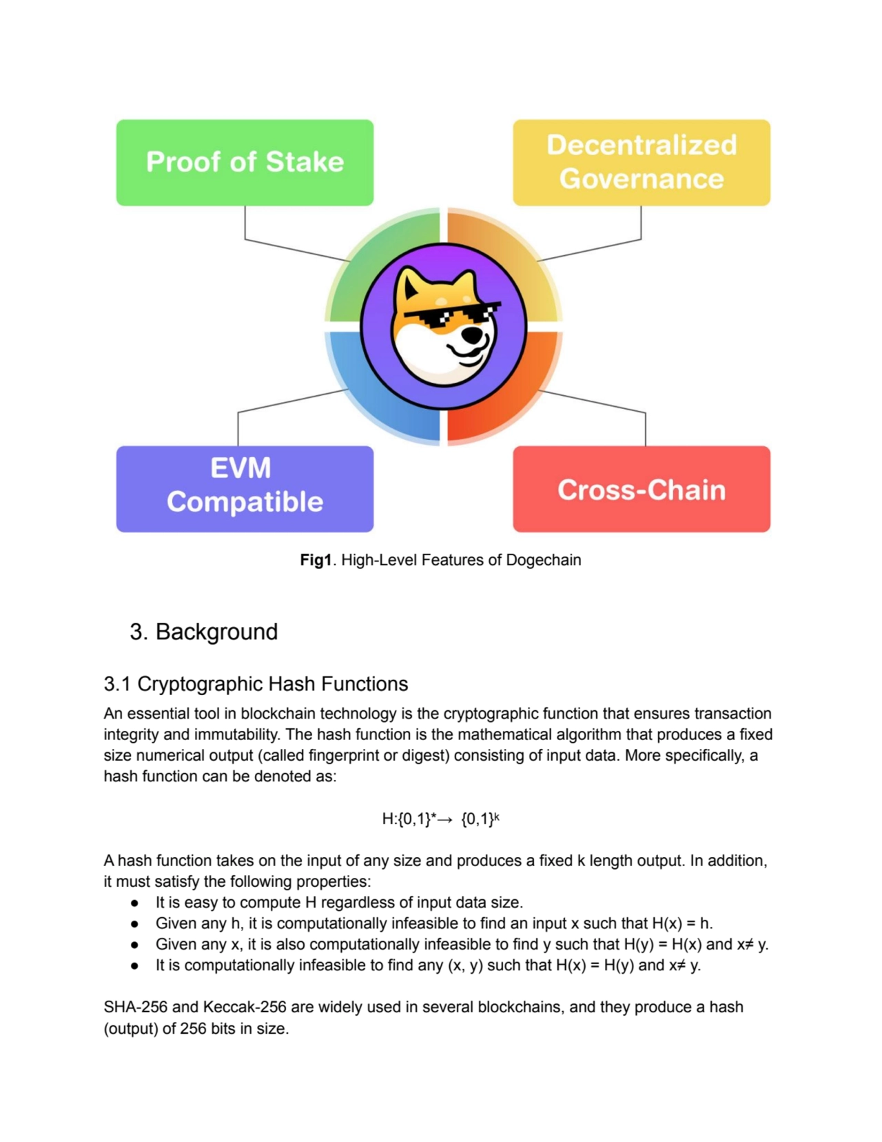 Fig1. High-Level Features of Dogechain
3. Background
3.1 Cryptographic Hash Functions
An essenti…