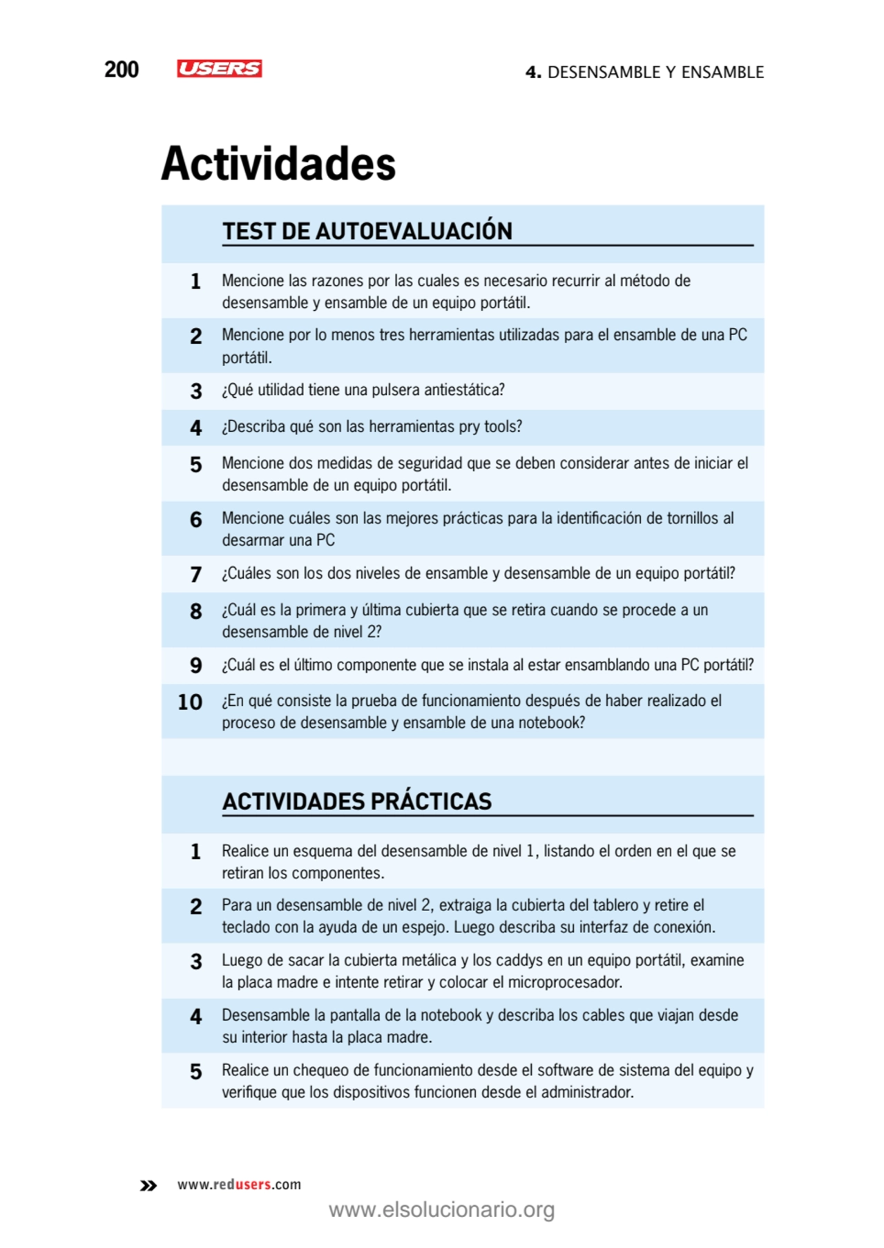 200 4. Desensamble y ensamble
www.redusers.com
Actividades
TEST DE AUTOEVALUACIÓN
1 Mencione la…