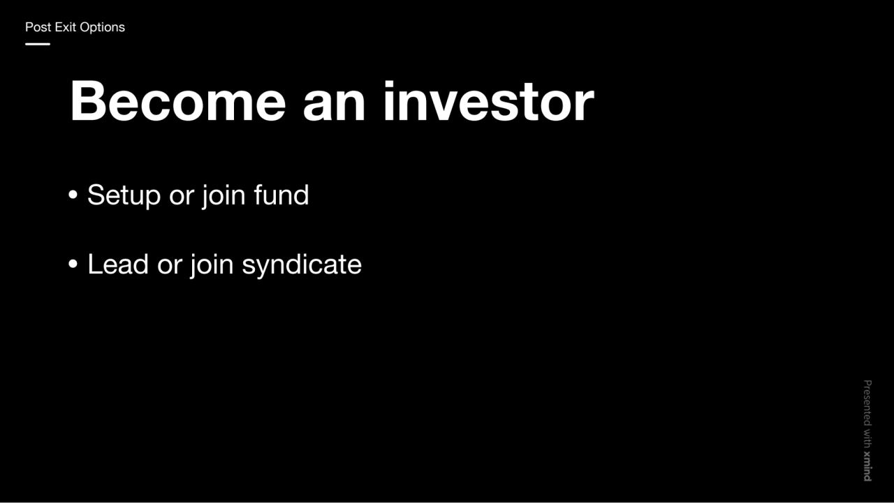 Become an investor
Setup or join fund
Lead or join syndicate
Post Exit Options