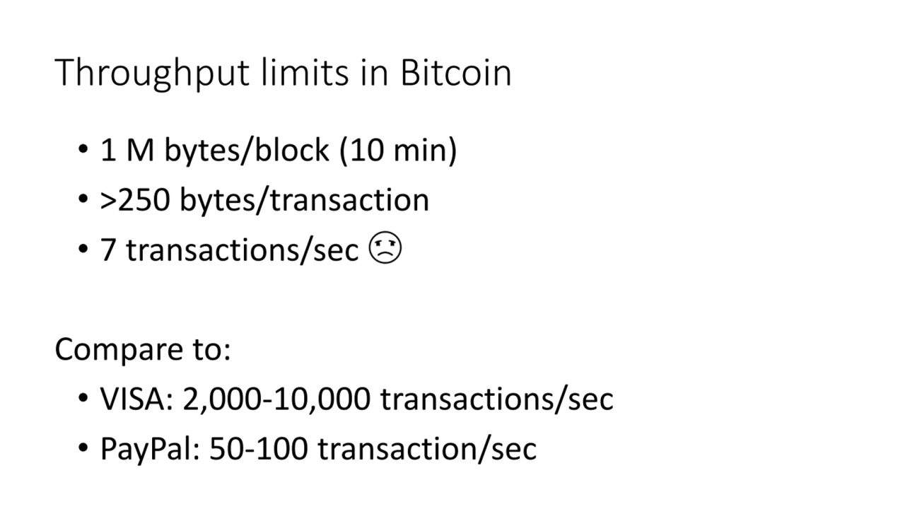 Throughput limits in Bitcoin
• 1 M bytes/block (10 min)
• >250 bytes/transaction
• 7 transaction…