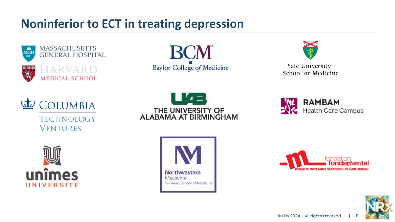 © NRx 2024 - All rights reserved | 11
Noninferior to ECT in treating depression