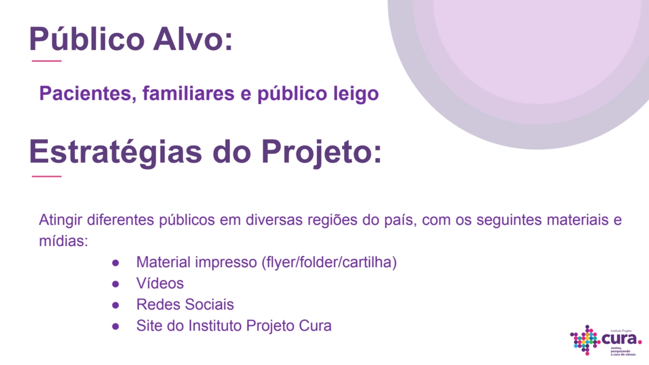 Pacientes, familiares e público leigo
Público Alvo: 
Estratégias do Projeto: 
Atingir diferentes…