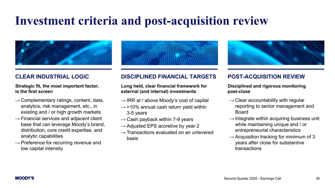 35
Investment criteria and post-acquisition review 
CLEAR INDUSTRIAL LOGIC
Strategic fit, the most important factor, 
is the first screen
DISCIPLINED FINANCIAL TARGETS
Long held, clear financial framework for 
external (and internal) investments
POST-ACQUISITION REVIEW
Disciplined and rigorous monitoring 
post-close
→ Complementary ratings, content, data, 
analytics, risk management, etc., in 
existing and / or high growth markets
→ Financial services and adjacent client 
base that can leverage Moody’s brand, 
distribution, core credit expertise, and 
analytic capabilities
→ Preference for recurring revenue and 
low capital intensity
→ IRR at / above Moody’s cost of capital
→ >10% annual cash return yield within 
3-5 years
→ Cash payback within 7-9 years
→ Adjusted EPS accretive by year 2
→ Transactions evaluated on an unlevered 
basis
→ Clear accountability with regular 
reporting to senior management and 
Board
→ Integrate within acquiring business unit 
while maintaining unique and / or 
entrepreneurial characteristics
→ Acquisition tracking for minimum of 3 
years after close for substantive 
transactions
Second Quarter 2025 - Earnings Call 
