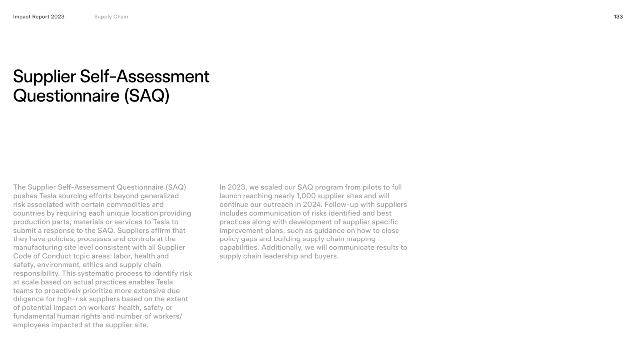 133
Supplier Self-Assessment 
Questionnaire (SAQ) 
Impact Report 2023 Impact Report 2023 Supply …