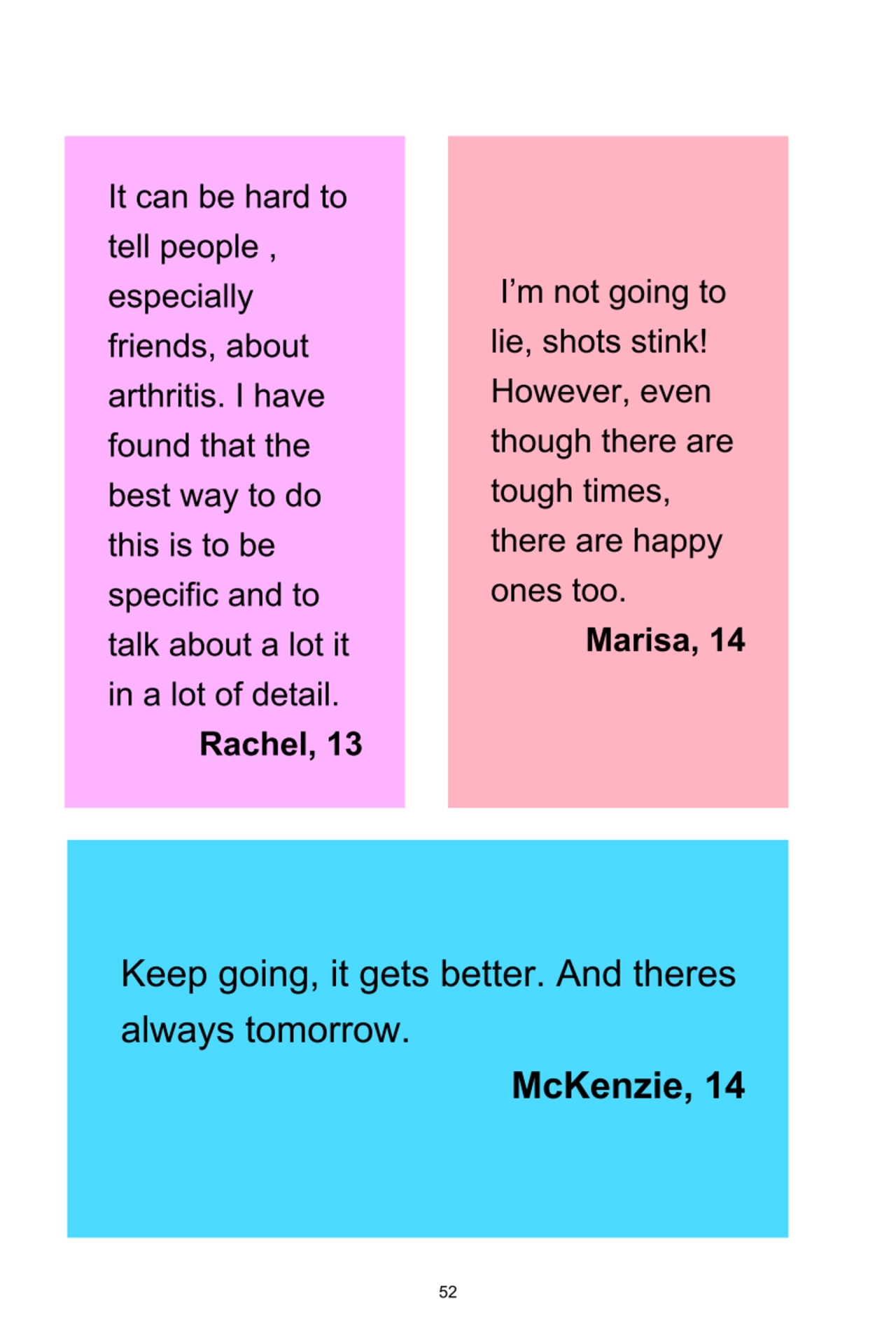 52
Keep	going,	it	gets	better.	And	theres
always	tomorrow.	
McKenzie,	14
It	can	be	hard	to
tel…