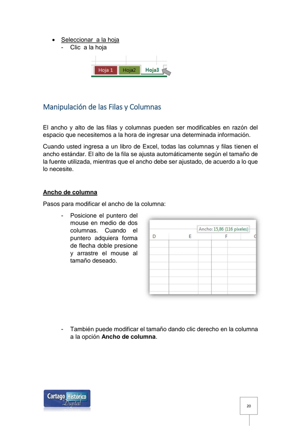 20
 Seleccionar a la hoja 
- Clic a la hoja 
Manipulación de las Filas y Columnas 
El ancho y …