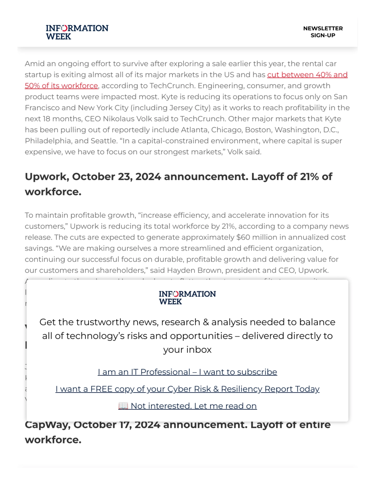 Kyte, October 25, 2024 announcement. Layoff of 40% of
workforce.
Amid an ongoing effort to surviv…