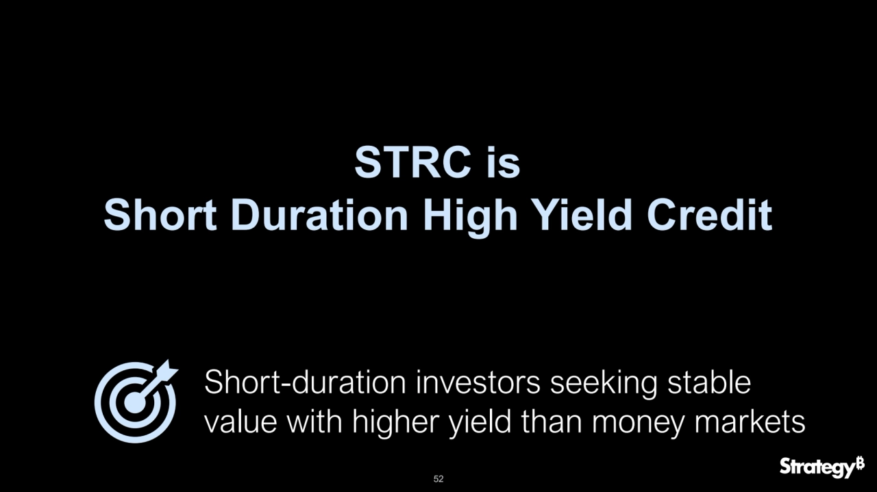 52
STRC is 
Short Duration High Yield Credit
Short-duration investors seeking stable 
value with higher yield than money markets