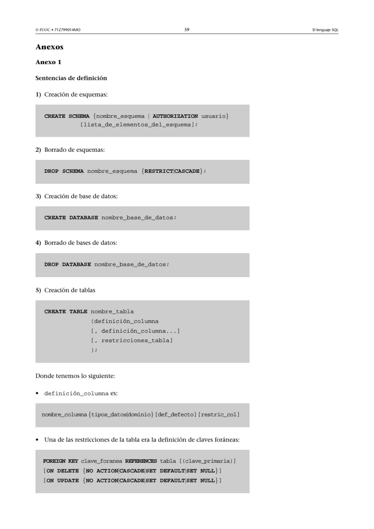  FUOC • 71Z799014MO 59 El lenguaje SQL
Anexos
Anexo 1
Sentencias de definición
1) Creación de …