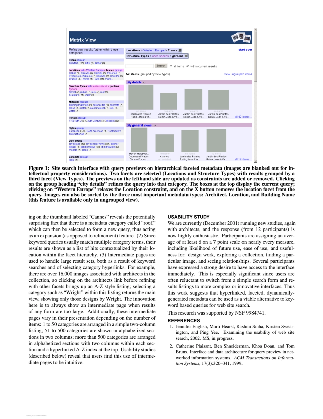 Figure 1: Site search interface with query previews on hierarchical faceted metadata (images are bl…