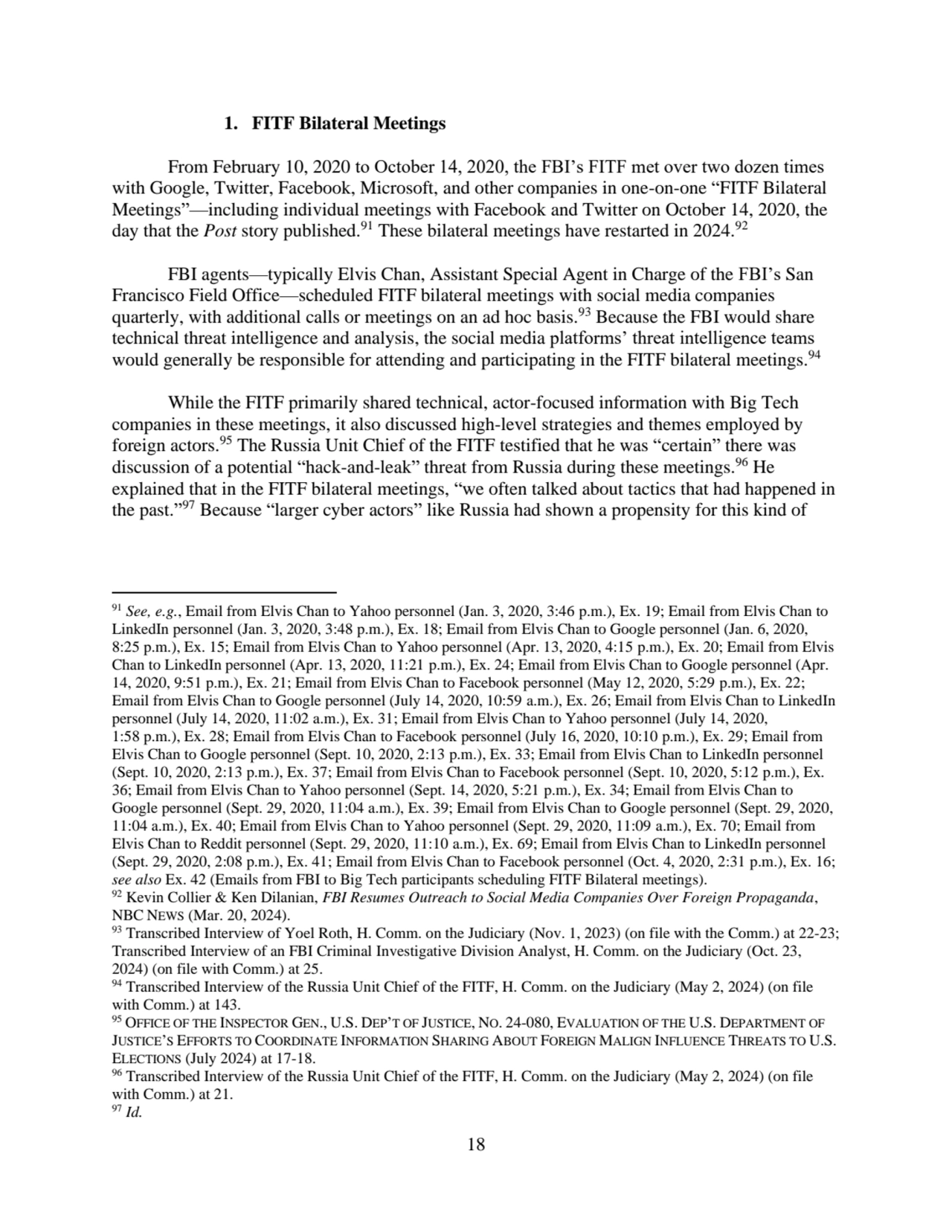 18
1. FITF Bilateral Meetings
From February 10, 2020 to October 14, 2020, the FBI’s FITF met over…