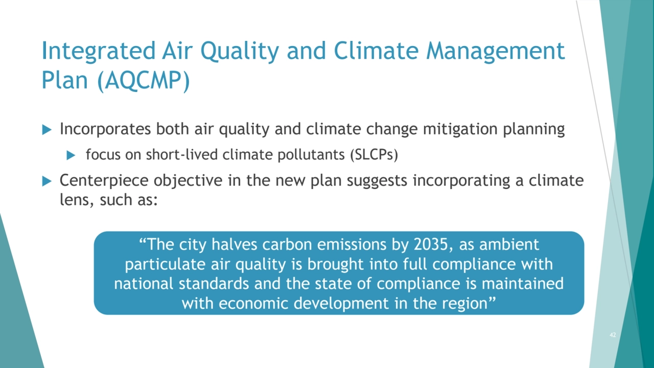 Integrated Air Quality and Climate Management 
Plan (AQCMP) 
 Incorporates both air quality and …