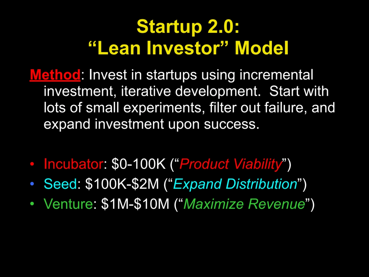 Startup 2.0:
“Lean Investor” Model
Method: Invest in startups using incremental
investment, it…