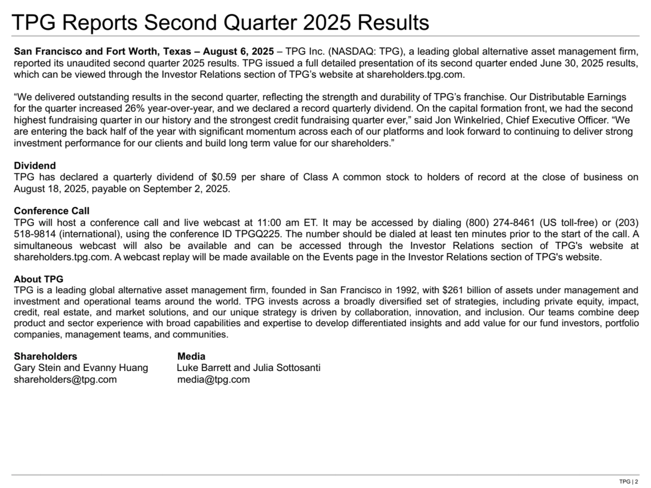 TPG | 2
San Francisco and Fort Worth, Texas – August 6, 2025 – TPG Inc. (NASDAQ: TPG), a leading global alternative asset management firm, 
reported its unaudited second quarter 2025 results. TPG issued a full detailed presentation of its second quarter ended June 30, 2025 results, 
which can be viewed through the Investor Relations section of TPG’s website at shareholders.tpg.com. 
“We delivered outstanding results in the second quarter, reflecting the strength and durability of TPG’s franchise. Our Distributable Earnings 
for the quarter increased 26% year-over-year, and we declared a record quarterly dividend. On the capital formation front, we had the second 
highest fundraising quarter in our history and the strongest credit fundraising quarter ever,” said Jon Winkelried, Chief Executive Officer. “We 
are entering the back half of the year with significant momentum across each of our platforms and look forward to continuing to deliver strong 
investment performance for our clients and build long term value for our shareholders.”
Dividend
TPG has declared a quarterly dividend of $0.59 per share of Class A common stock to holders of record at the close of business on 
August 18, 2025, payable on September 2, 2025.
Conference Call
TPG will host a conference call and live webcast at 11:00 am ET. It may be accessed by dialing (800) 274-8461 (US toll-free) or (203) 
518-9814 (international), using the conference ID TPGQ225. The number should be dialed at least ten minutes prior to the start of the call. A 
simultaneous webcast will also be available and can be accessed through the Investor Relations section of TPG's website at 
shareholders.tpg.com. A webcast replay will be made available on the Events page in the Investor Relations section of TPG's website.
About TPG
TPG is a leading global alternative asset management firm, founded in San Francisco in 1992, with $261 billion of assets under management and 
investment and operational teams around the world. TPG invests across a broadly diversified set of strategies, including private equity, impact, 
credit, real estate, and market solutions, and our unique strategy is driven by collaboration, innovation, and inclusion. Our teams combine deep 
product and sector experience with broad capabilities and expertise to develop differentiated insights and add value for our fund investors, portfolio 
companies, management teams, and communities.
Shareholders Media
Gary Stein and Evanny Huang Luke Barrett and Julia Sottosanti
shareholders@tpg.com media@tpg.com
TPG Reports Second Quarter 2025 Results