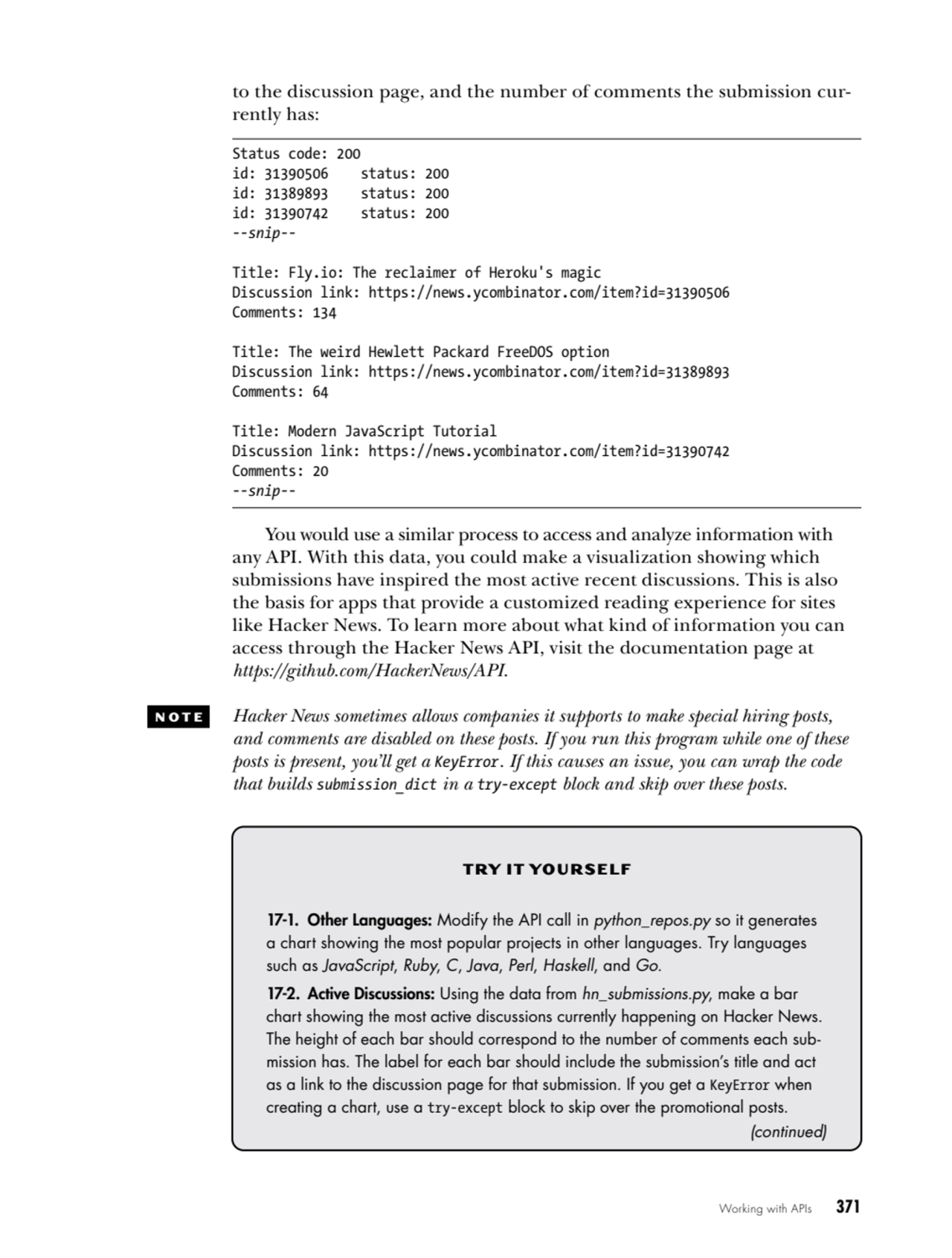 Working with APIs   371
to the discussion page, and the number of comments the submission current…