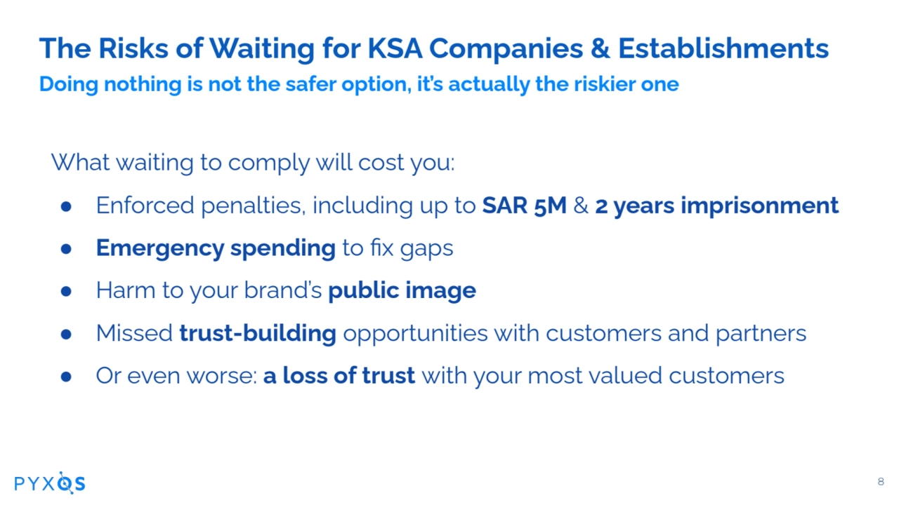 8
The Risks of Waiting for KSA Companies & Establishments
Doing nothing is not the safer option, …