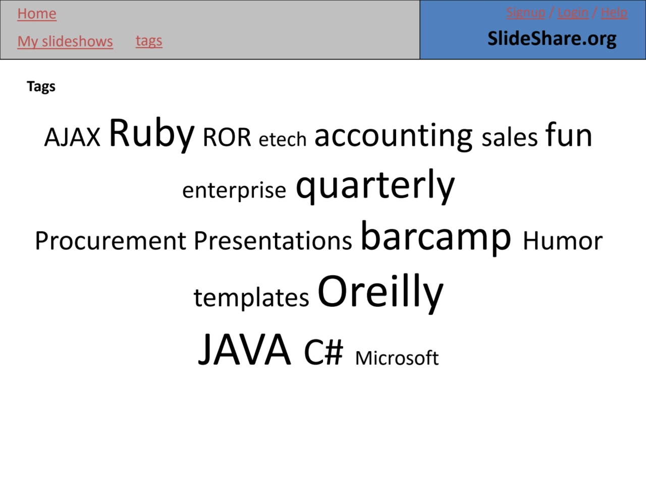 My slideshows SlideShare.org
Home
tags
Signup / Login / Help
Tags
AJAX Ruby ROR etech accounti…