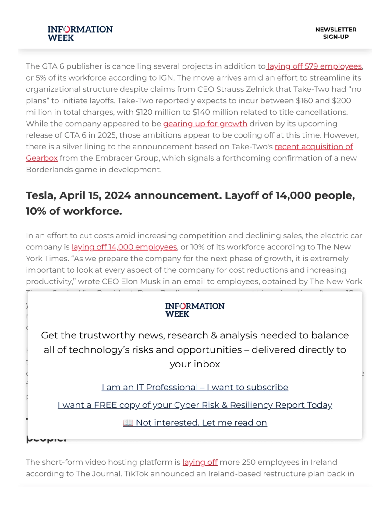 Take-Two, April 16, 2024 announcement. Layoff of 579 people,
5% of workforce.
The GTA 6 publisher…