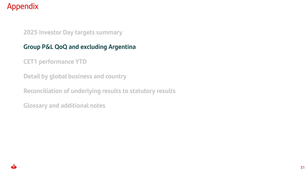 31
Appendix 
2025 Investor Day targets summary
Group P&L QoQ and excluding Argentina
CET1 performance YTD
Detail by global business and country
Reconciliation of underlying results to statutory results
Glossary and additional notes