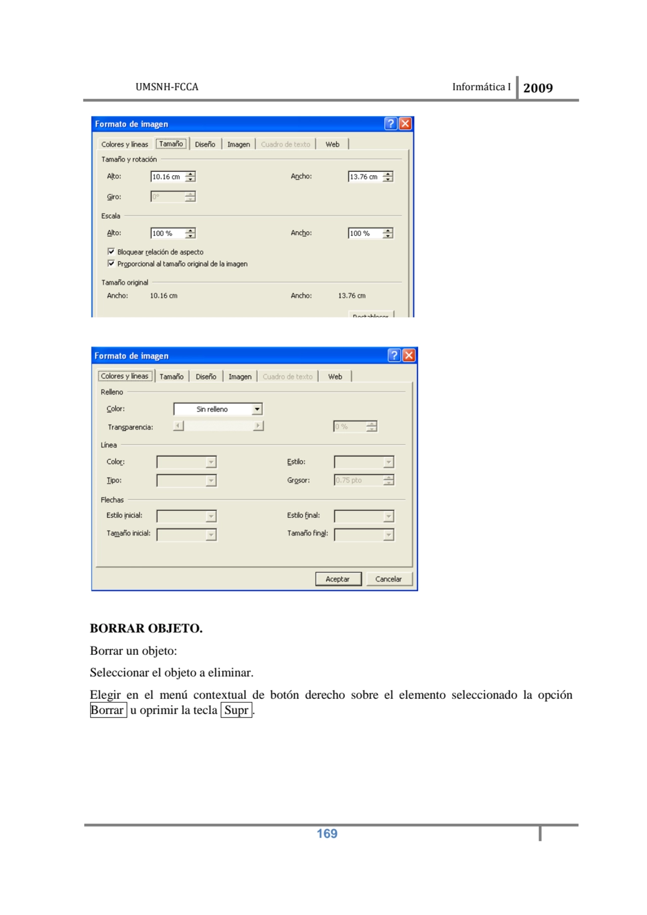 UMSNH-FCCA Informática I 2009
 169
BORRAR OBJETO. 
Borrar un objeto: 
Seleccionar el objeto a e…