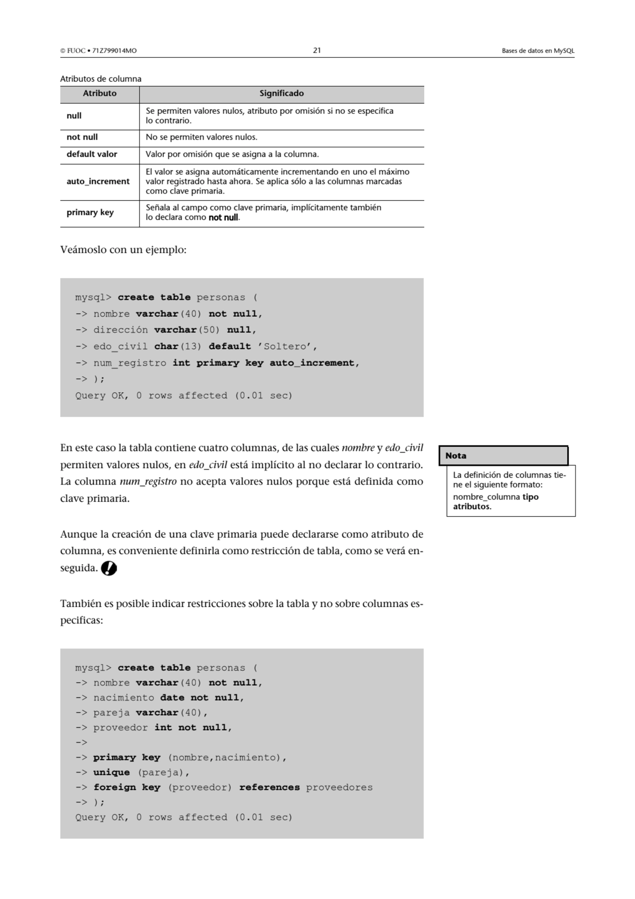  FUOC • 71Z799014MO 21 Bases de datos en MySQL
Atributos de columna
Veámoslo con un ejemplo:
En…