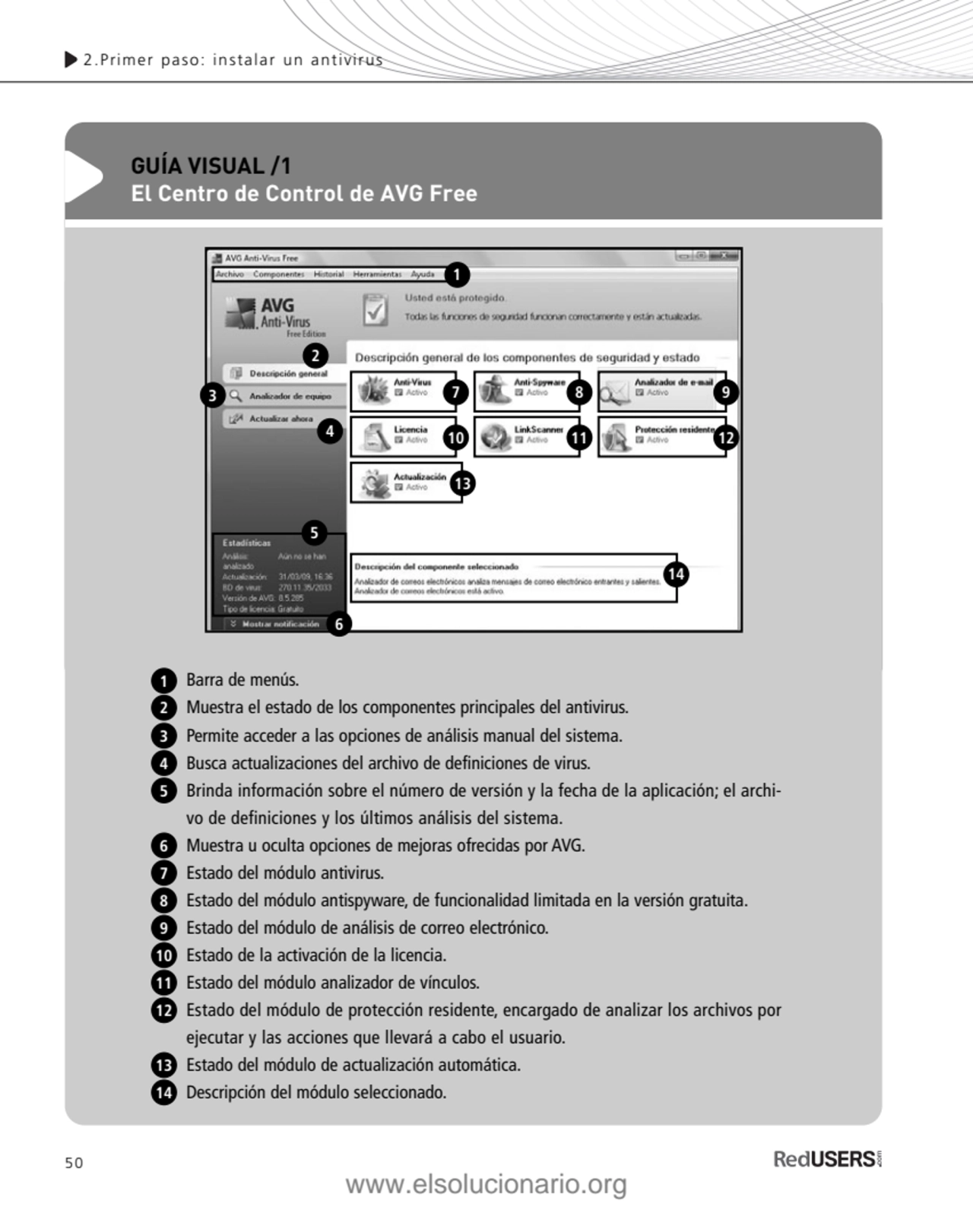 50
2.Primer paso: instalar un antivirus
GUÍA VISUAL /1
El Centro de Control de AVG Free
1
7 8 …