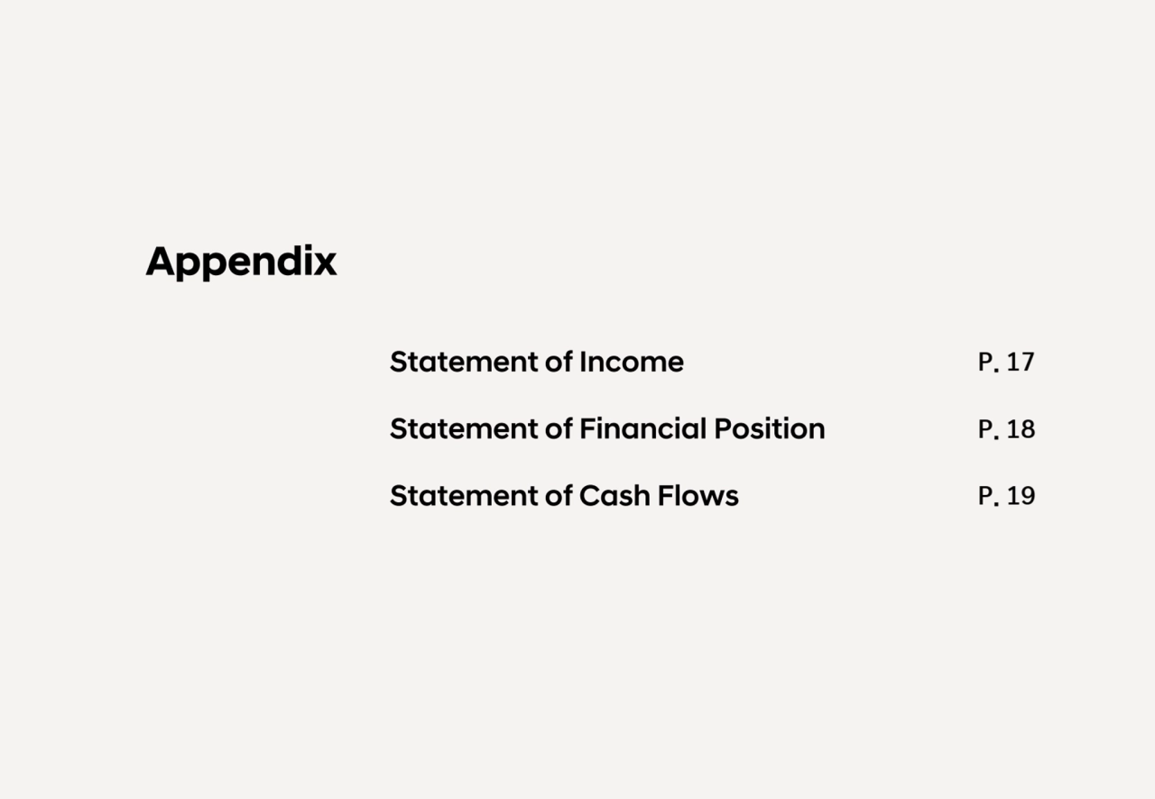 Appendix
Statement of Financial Position P. 18
Statement of Cash Flows P. 19
Statement of Income P. 17