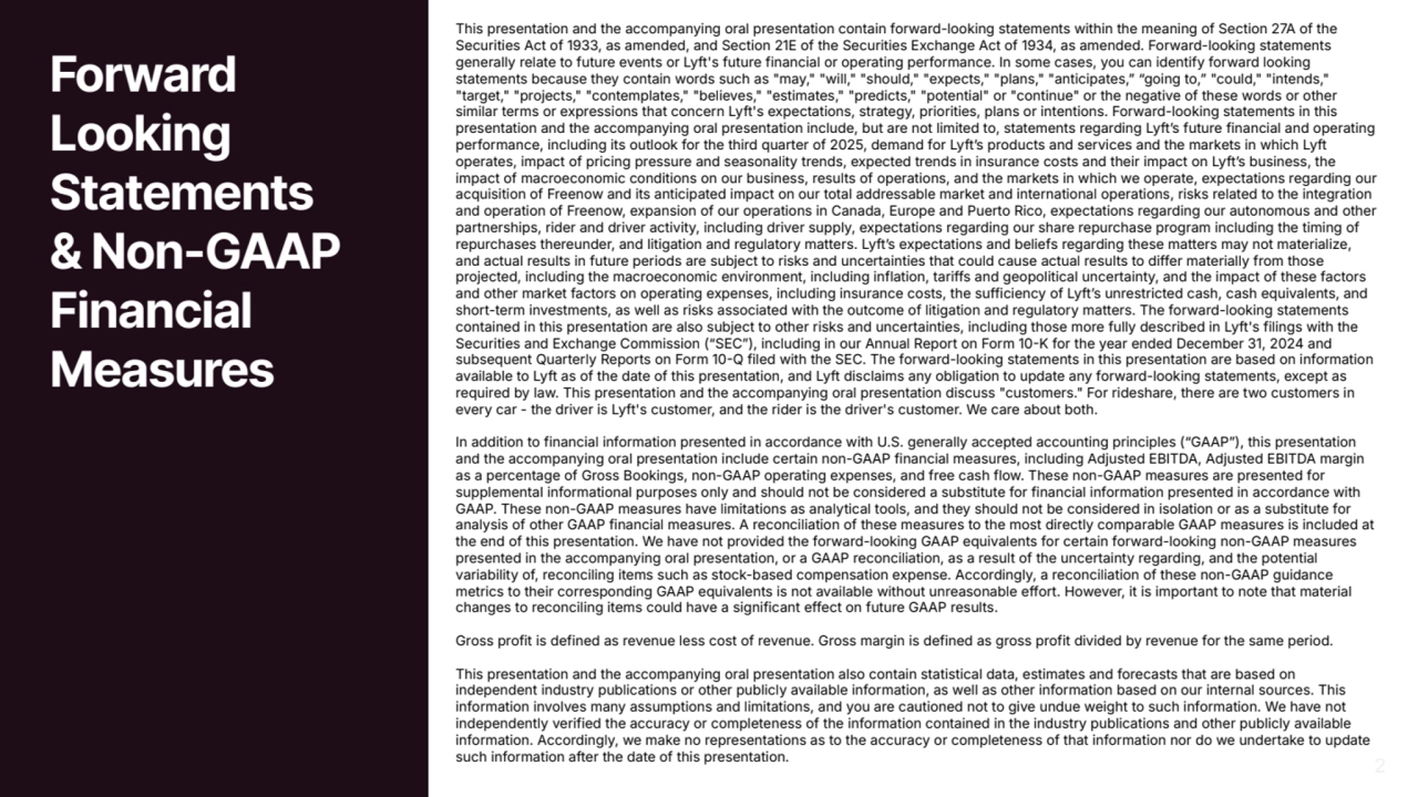 Forward
Looking
Statements
& Non-GAAP
Financial
Measures
2
This presentation and the accompanying oral presentation contain forward-looking statements within the meaning of Section 27A of the
Securities Act of 1933, as amended, and Section 21E of the Securities Exchange Act of 1934, as amended. Forward-looking statements
generally relate to future events or Lyft's future financial or operating performance. In some cases, you can identify forward looking
statements because they contain words such as "may," "will," "should," "expects," "plans," "anticipates,หฎ โgoing to,หฎ "could," "intends,"
"target," "projects," "contemplates," "believes," "estimates," "predicts," "potential" or "continue" or the negative of these words or other
similar terms or expressions that concern Lyft's expectations, strategy, priorities, plans or intentions. Forward-looking statements in this
presentation and the accompanying oral presentation include, but are not limited to, statements regarding Lyftสผs future financial and operating
performance, including its outlook for the third quarter of 2025, demand for Lyftสผs products and services and the markets in which Lyft
operates, impact of pricing pressure and seasonality trends, expected trends in insurance costs and their impact on Lyftสผs business, the
impact of macroeconomic conditions on our business, results of operations, and the markets in which we operate, expectations regarding our
acquisition of Freenow and its anticipated impact on our total addressable market and international operations, risks related to the integration
and operation of Freenow, expansion of our operations in Canada, Europe and Puerto Rico, expectations regarding our autonomous and other
partnerships, rider and driver activity, including driver supply, expectations regarding our share repurchase program including the timing of
repurchases thereunder, and litigation and regulatory matters. Lyftสผs expectations and beliefs regarding these matters may not materialize,
and actual results in future periods are subject to risks and uncertainties that could cause actual results to differ materially from those
projected, including the macroeconomic environment, including inflation, tariffs and geopolitical uncertainty, and the impact of these factors
and other market factors on operating expenses, including insurance costs, the sufficiency of Lyftสผs unrestricted cash, cash equivalents, and
short-term investments, as well as risks associated with the outcome of litigation and regulatory matters. The forward-looking statements
contained in this presentation are also subject to other risks and uncertainties, including those more fully described in Lyft's filings with the
Securities and Exchange Commission (โSECหฎ), including in our Annual Report on Form 10๎K for the year ended December 31, 2024 and
subsequent Quarterly Reports on Form 10๎Q filed with the SEC. The forward-looking statements in this presentation are based on information
available to Lyft as of the date of this presentation, and Lyft disclaims any obligation to update any forward-looking statements, except as
required by law. This presentation and the accompanying oral presentation discuss "customers." For rideshare, there are two customers in
every car - the driver is Lyft's customer, and the rider is the driver's customer. We care about both.
In addition to financial information presented in accordance with U.S. generally accepted accounting principles (โGAAPหฎ), this presentation
and the accompanying oral presentation include certain non-GAAP financial measures, including Adjusted EBITDA, Adjusted EBITDA margin
as a percentage of Gross Bookings, non-GAAP operating expenses, and free cash flow. These non-GAAP measures are presented for
supplemental informational purposes only and should not be considered a substitute for financial information presented in accordance with
GAAP. These non-GAAP measures have limitations as analytical tools, and they should not be considered in isolation or as a substitute for
analysis of other GAAP financial measures. A reconciliation of these measures to the most directly comparable GAAP measures is included at
the end of this presentation. We have not provided the forward-looking GAAP equivalents for certain forward-looking non-GAAP measures
presented in the accompanying oral presentation, or a GAAP reconciliation, as a result of the uncertainty regarding, and the potential
variability of, reconciling items such as stock-based compensation expense. Accordingly, a reconciliation of these non-GAAP guidance
metrics to their corresponding GAAP equivalents is not available without unreasonable effort. However, it is important to note that material
changes to reconciling items could have a significant effect on future GAAP results.
Gross profit is defined as revenue less cost of revenue. Gross margin is defined as gross profit divided by revenue for the same period.
This presentation and the accompanying oral presentation also contain statistical data, estimates and forecasts that are based on
independent industry publications or other publicly available information, as well as other information based on our internal sources. This
information involves many assumptions and limitations, and you are cautioned not to give undue weight to such information. We have not
independently verified the accuracy or completeness of the information contained in the industry publications and other publicly available
information. Accordingly, we make no representations as to the accuracy or completeness of that information nor do we undertake to update
such information after the date of this presentation.