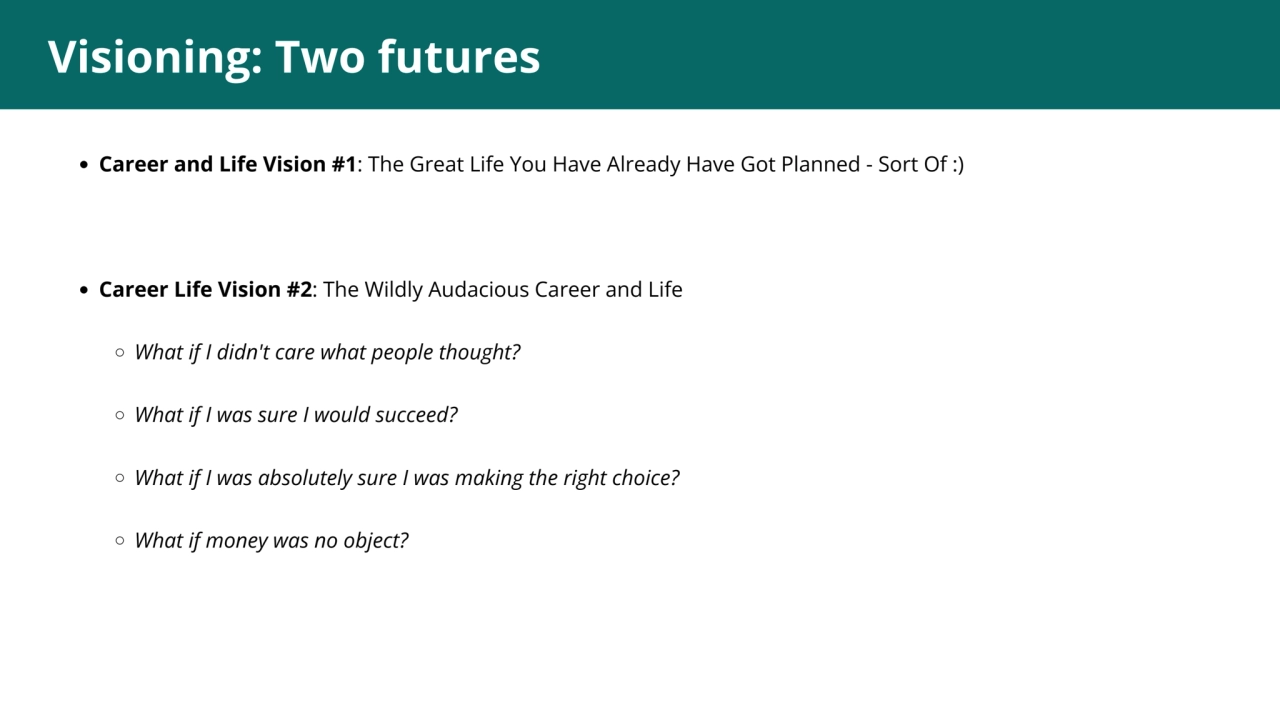 1
Visioning: Two futures
Career and Life Vision #1: The Great Life You Have Already Have Got Plan…