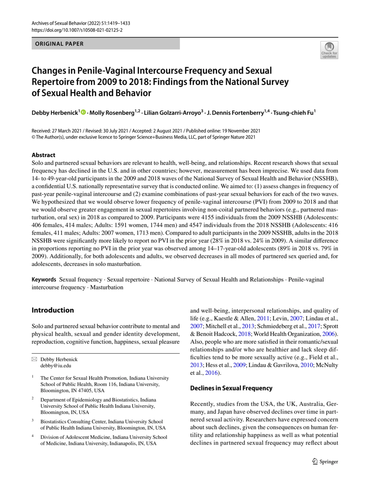 Changes in Penile-Vaginal Intercourse Frequency and Sexual Repertoire from 2009 to 2018: Findings from the National Survey of Sexual Health and Behavior