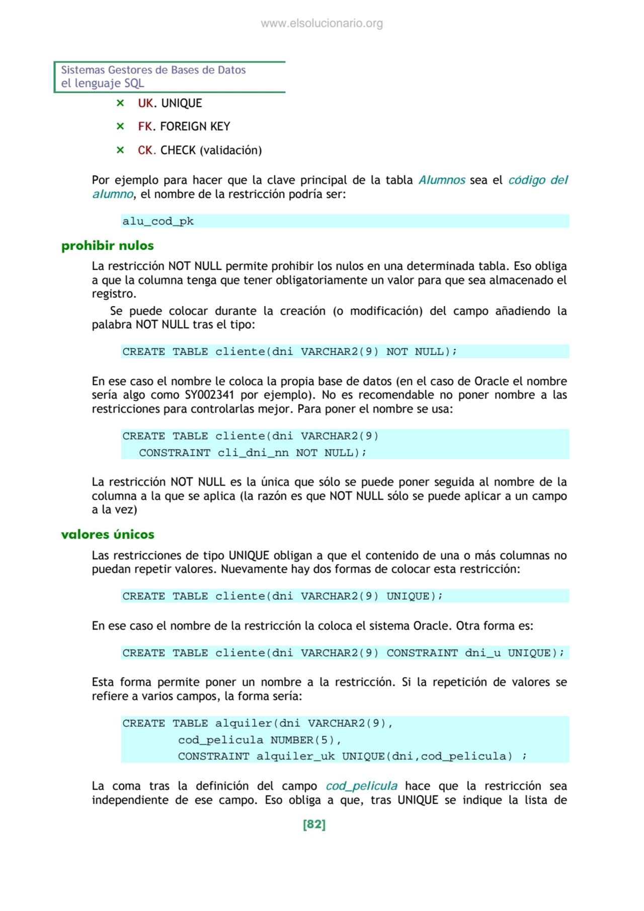 Sistemas Gestores de Bases de Datos 
el lenguaje SQL 
[82] 
² UK. UNIQUE 
² FK. FOREIGN KEY 
²…