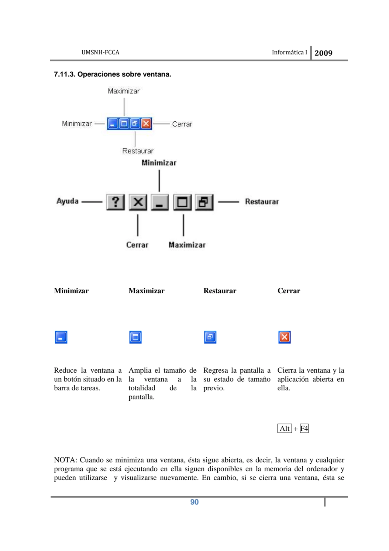 UMSNH-FCCA Informática I 2009
 90
7.11.3. Operaciones sobre ventana. 
Minimizar Maximizar Restau…