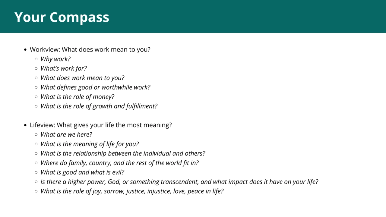 1
Your Compass
Workview: What does work mean to you?
Why work?
What’s work for?
What does work…