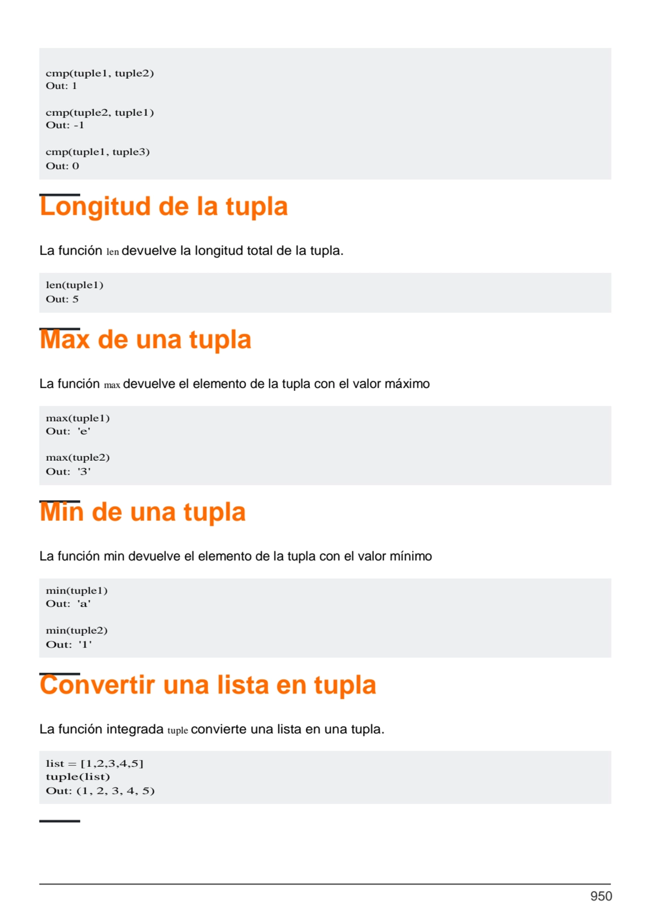 950
len(tuple1) 
Out: 5
max(tuple1) 
Out: 'e'
max(tuple2) 
Out: '3'
min(tuple1) 
Out: 'a'
…