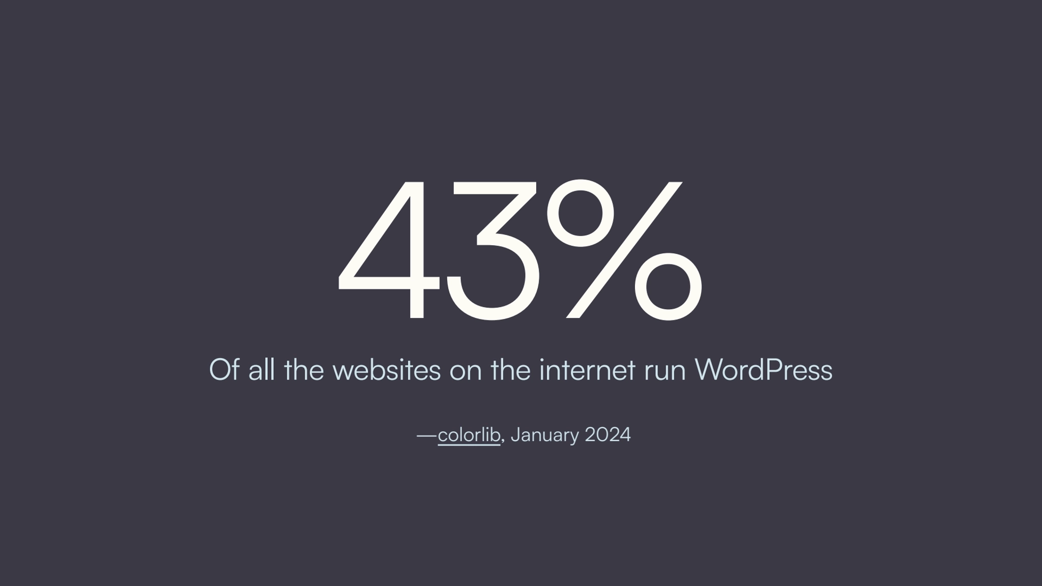 Of all the websites on the internet run WordPress
43%
 —colorlib, January 2024