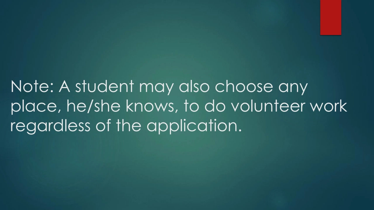 Note: A student may also choose any 
place, he/she knows, to do volunteer work 
regardless of the…