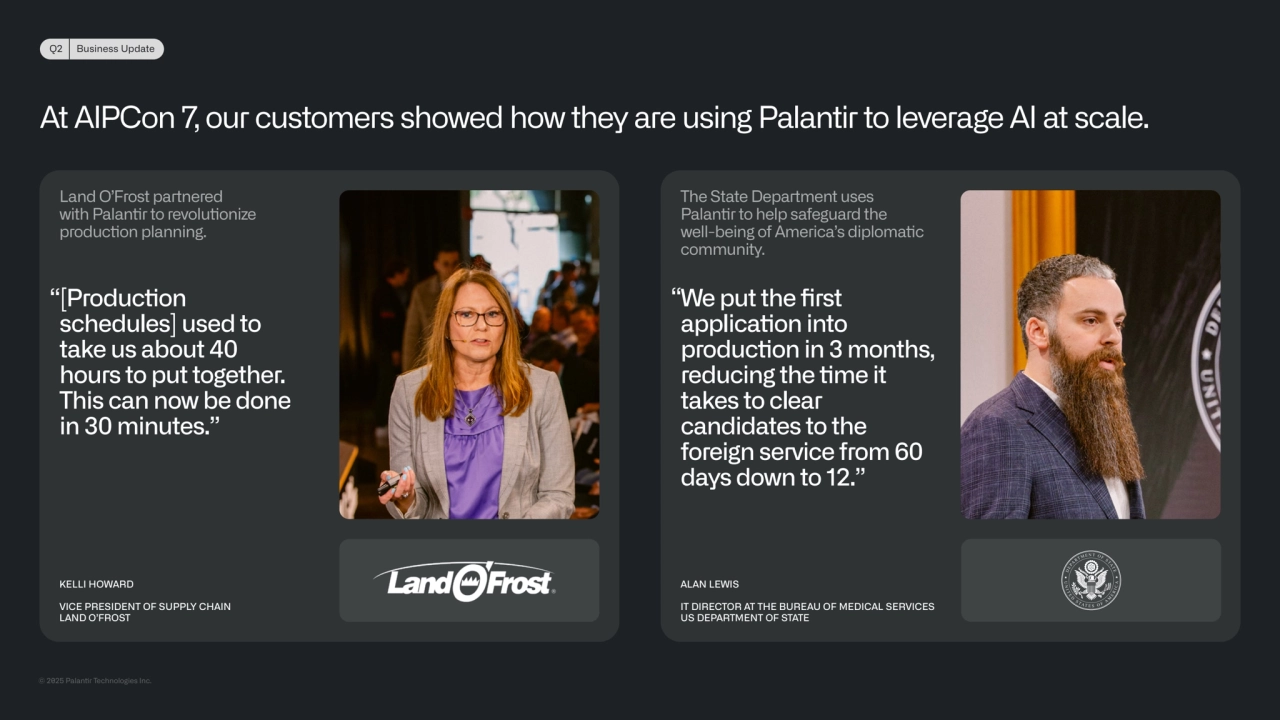 © 2025 Palanr Technologies Inc.
Q2 Business Update
At AIPCon 7, our customers showed how they are using Palantir to leverage AI at scale.
Land O’Frost partnered 
with Palanr to revoluonize 
producon planning. 
“[Producon 
schedules] used to 
take us about 40 
hours to put together. 
This can now be done 
in 30 minutes.”
KELLI HOWARD
VICE PRESIDENT OF SUPPLY CHAIN 
LAND O’FROST
The State Department uses 
Palanr to help safeguard the 
well-being of America’s diplomac 
community.
“We put the first 
applicaon into 
producon in 3 months, 
reducing the me it 
takes to clear 
candidates to the 
foreign service from 60 
days down to 12.”
ALAN LEWIS
IT DIRECTOR AT THE BUREAU OF MEDICAL SERVICES
US DEPARTMENT OF STATE