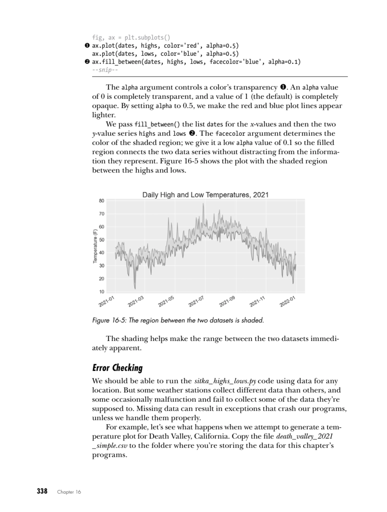 338   Chapter 16
fig, ax = plt.subplots()
1 ax.plot(dates, highs, color='red', alpha=0.5)
ax.plo…