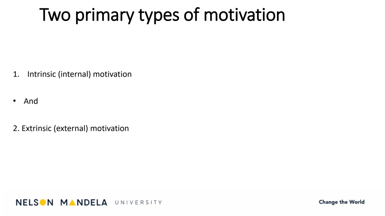 Two primary types of motivation
1. Intrinsic (internal) motivation
• And
2. Extrinsic (external)…