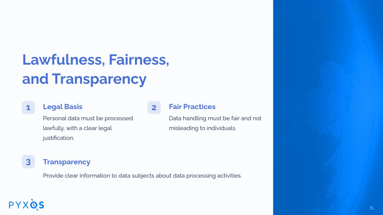 Lawfulness, Fairness,
and Transparency
Legal Basis
Personal data must be processed
lawfully, …