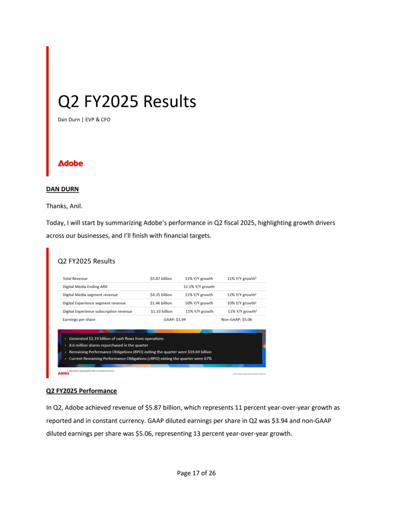 Page 17 of 26
DAN DURN
Thanks, Anil.
Today, I will start by summarizing Adobe’s performance in Q2 fiscal 2025, highlighting growth drivers 
across our businesses, and I’ll finish with financial targets.
Q2 FY2025 Performance
In Q2, Adobe achieved revenue of $5.87 billion, which represents 11 percent year-over-year growth as 
reported and in constant currency. GAAP diluted earnings per share in Q2 was $3.94 and non-GAAP 
diluted earnings per share was $5.06, representing 13 percent year-over-year growth.
