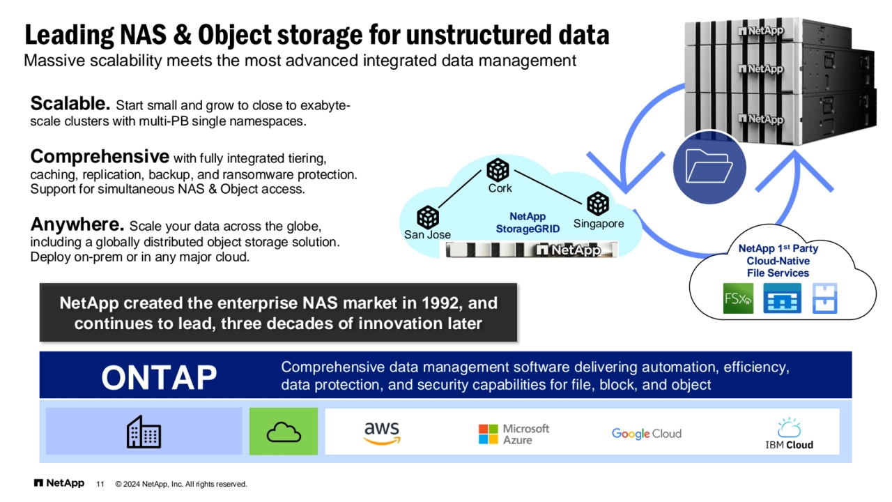 11 © 2024 NetApp, Inc. All rights reserved.
Massive scalability meets the most advanced integrated data management
Leading NAS & Object storage for unstructured data
San Jose
Cork
Singapore NetApp 
StorageGRID
NetApp 1st Party 
Cloud-Native 
File Services
NetApp created the enterprise NAS market in 1992, and 
continues to lead, three decades of innovation later
Scalable. Start small and grow to close to exabytescale clusters with multi-PB single namespaces.
Comprehensive with fully integrated tiering, 
caching, replication, backup, and ransomware protection. 
Support for simultaneous NAS & Object access.
Anywhere. Scale your data across the globe, 
including a globally distributed object storage solution. 
Deploy on-prem or in any major cloud.
Comprehensive data management software delivering automation, efficiency, ONTAP data protection, and security capabilities for file, block, and object