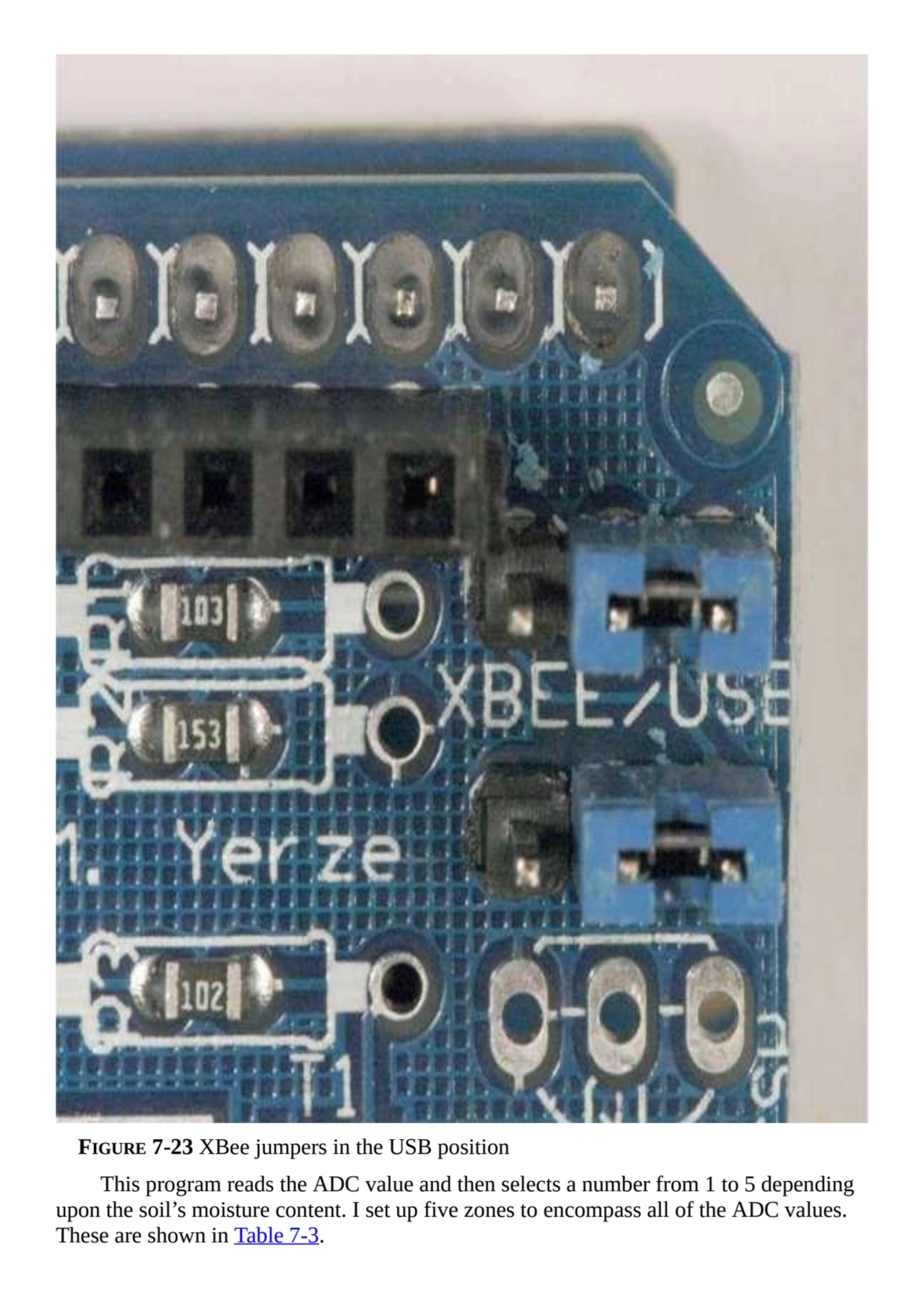 FIGURE 7-23 XBee jumpers in the USB position
This program reads the ADC value and then selects a n…