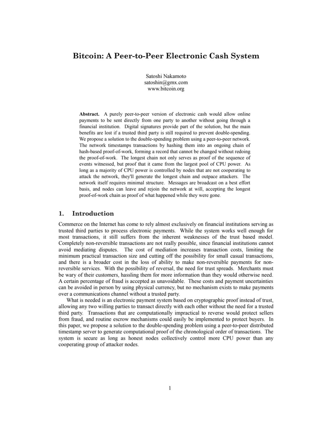 Bitcoin - A peer to peer electronic cash system